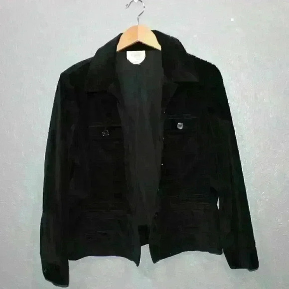 TALBOTS Black Velvet Velour Jacket Button Up Collar Stretch Casual Petite S - Picture 2 of 10